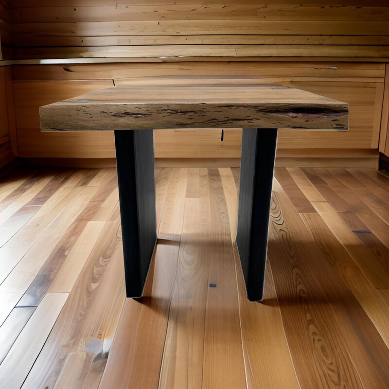 Mya 23 Inch Square End Table with Live Edge Wood Top, Wide Black Iron Legs