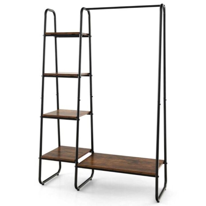 Hivvago Industrial Wood Metal Garment Rack Clothes Hanging Bar with Storage Shelves