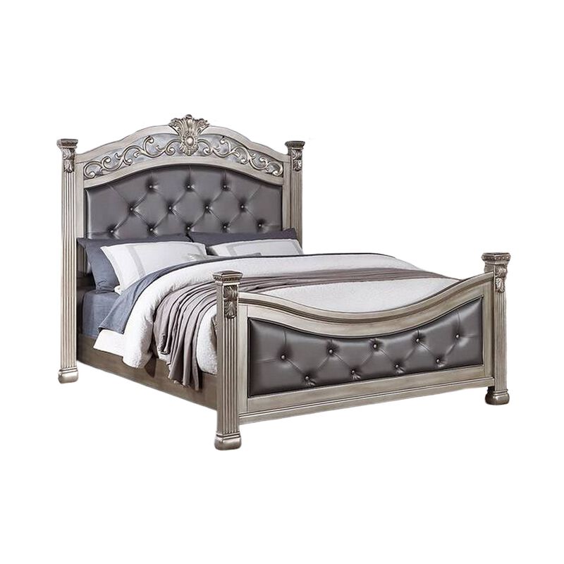 Jax California King Bed, Button Tufted Upholstered Headboard, Champagne - Benzara