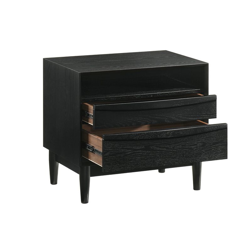 Mian 23 Inch Nightstand, 2 Drawer, Linear Undercut Handles, Wood, Black - Benzara