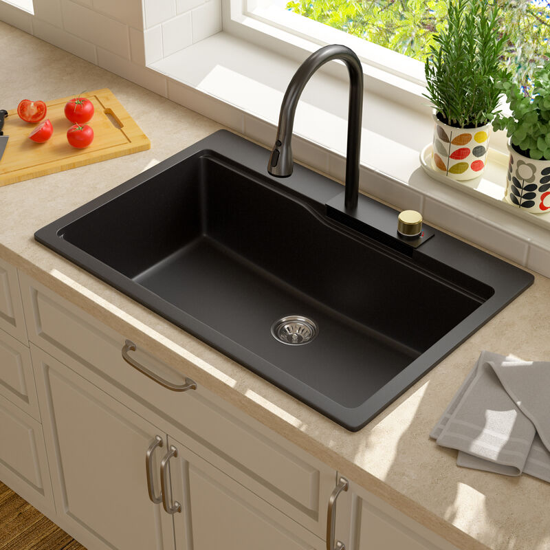 33x22x10 Inch Black Granite Composite Drop In Waterfall kitchen Sink Single Bowl Quartz Workstation Kitchen Sink