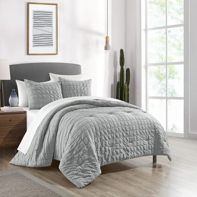 Chic Home Jessa Comforter Set Washed Garment Technique Geometric Square Tile Pattern Bed In A Bag Bedding - Sheets Pillowcase Pillow Sham Included - 5 Piece - Twin XL 68x90", Grey