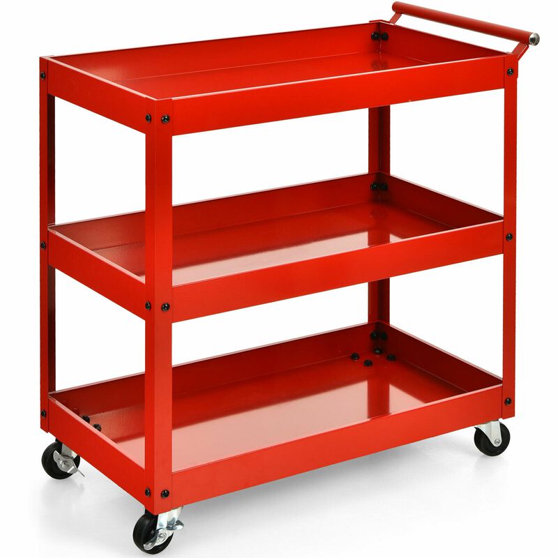 3-Tier Utility Cart Metal Mental Storage Service Trolley in Red