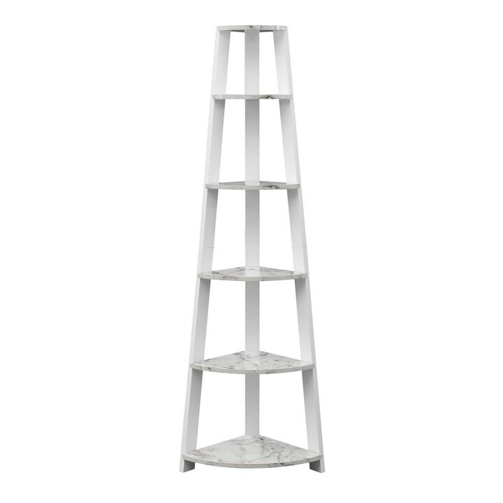 Convenience Concepts Newport 5 Tier Corner Bookshelf White Faux Marble/White