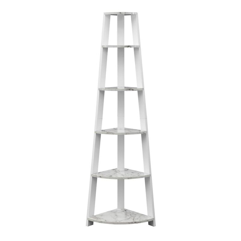 Convenience Concepts Newport 5 Tier Corner Bookshelf White Faux Marble/White