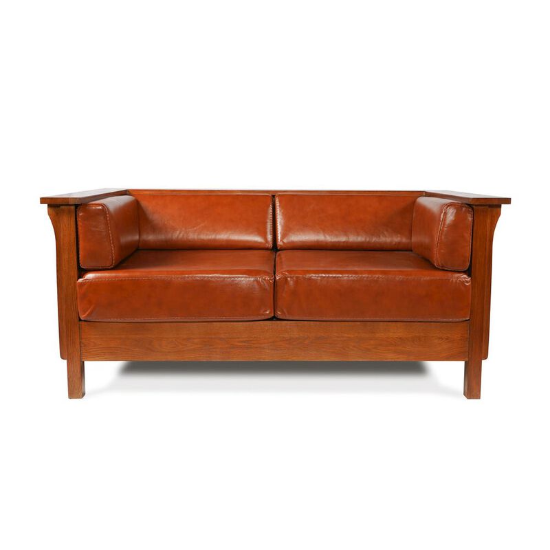 Crafters and Weavers Craftsman Cubic Panel Side Love Seat - Russet Brown Leather
