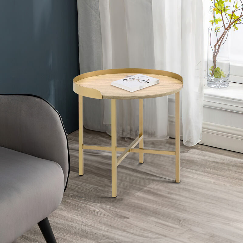 Kai 22 Inch Wood End Table, Round Tray Top, Metal Accent, Brown, Brass