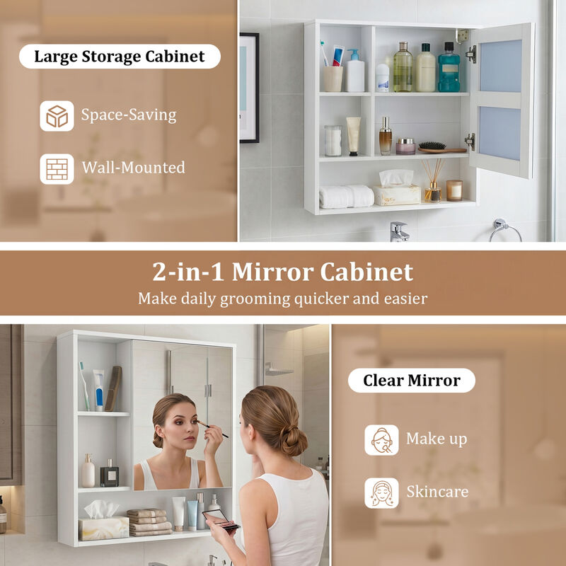 Bathroom Wall Mirror Cabinet with 2 Hidden Shelves and 3 Open Cubbies image number 4