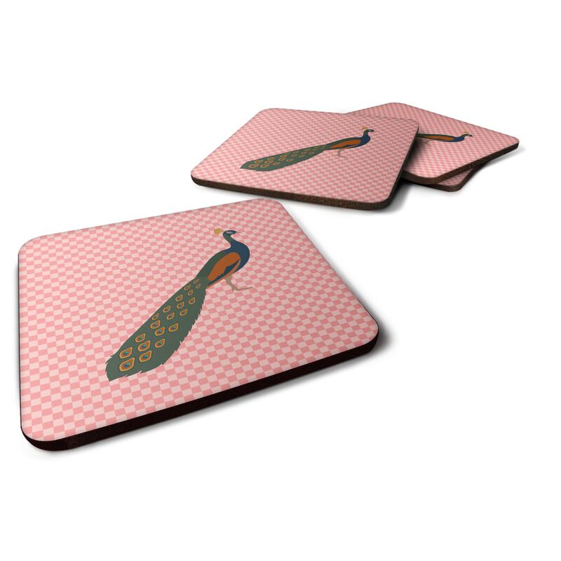 Caroline's Treasures Indian Peacock Peafowl Pink Check Decorative coasters, 3.5, Multicolor