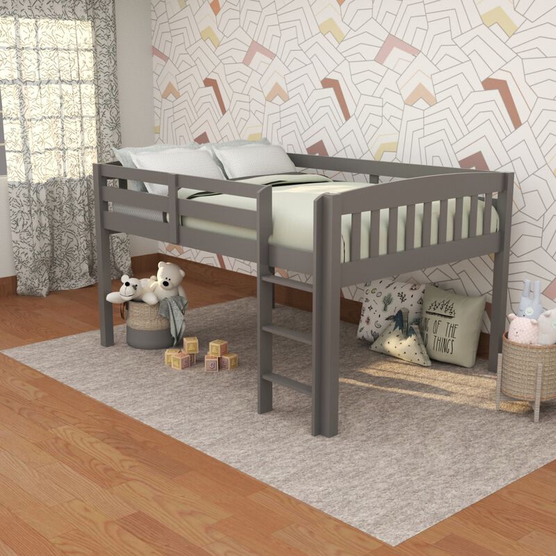 Elbrus Grey Low Loft Bed with Storage, Space Saver Full Size Kids Loft Bed with Stairs for Toddlers Assembled in Sturdy Wood, No Box Spring Needed