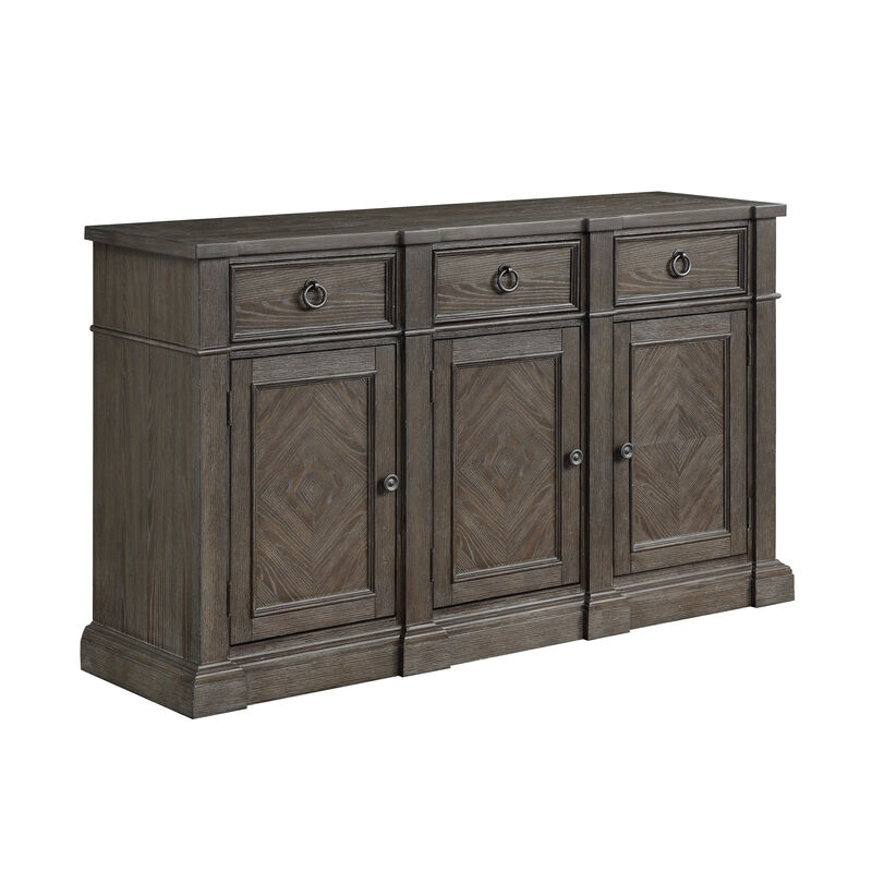 Koa 67 Inch Sideboard Server Console, 3 Beveled Drawers, Driftwood Brown - Benzara
