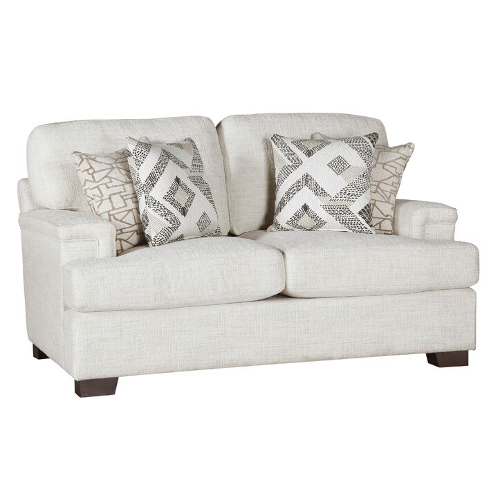 Osy Loveseat, 66 Inch, 4 Pillows, Soft Ivory Chenille, Solid Wood - Benzara