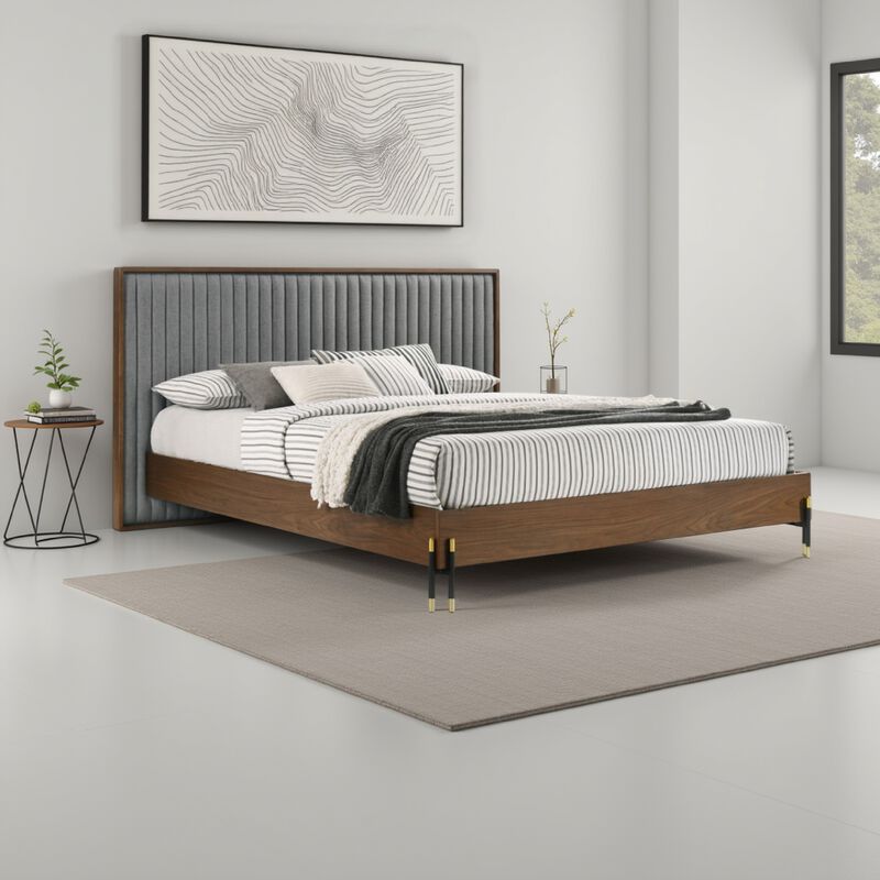 Noe Sia King Size Platform Bed, Channel Tufted Upholstery, Gray, Brown - Benzara