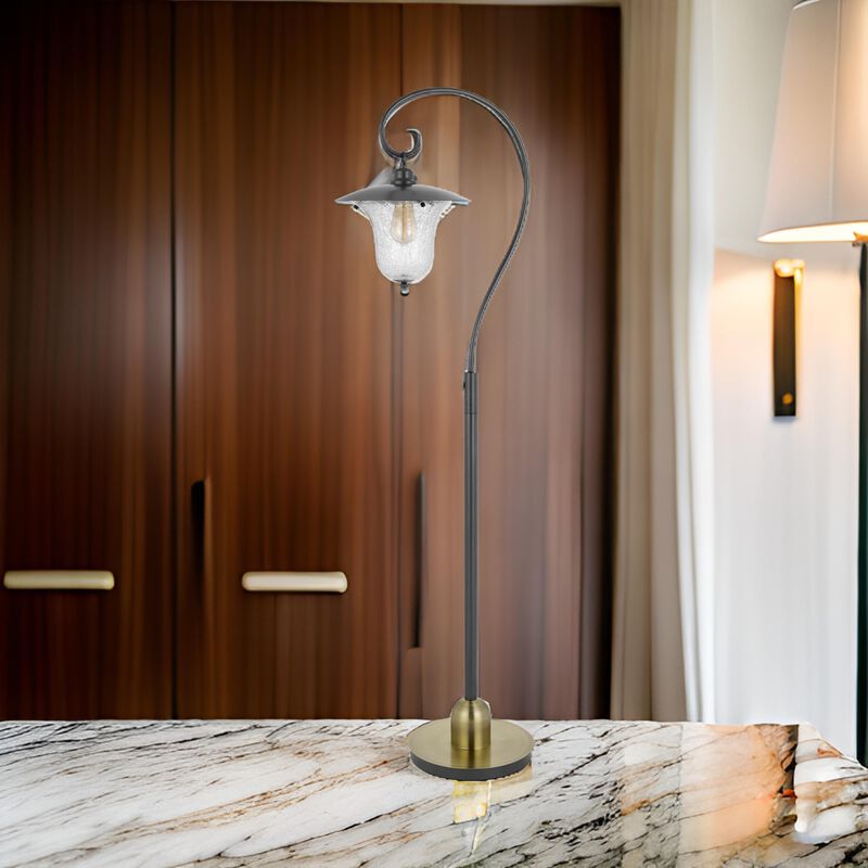 Lem 65 Inch Floor Lamp, Classic Lantern, Glass Shade, Bronze Metal Finish - Benzara