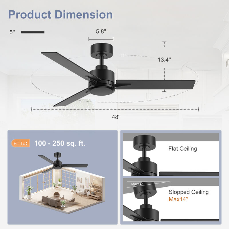 Breezary 48" Ceiling Fan No Light, 3 Blades, DC Motor, 6 Speeds, Remote Control, Reversible image number 4