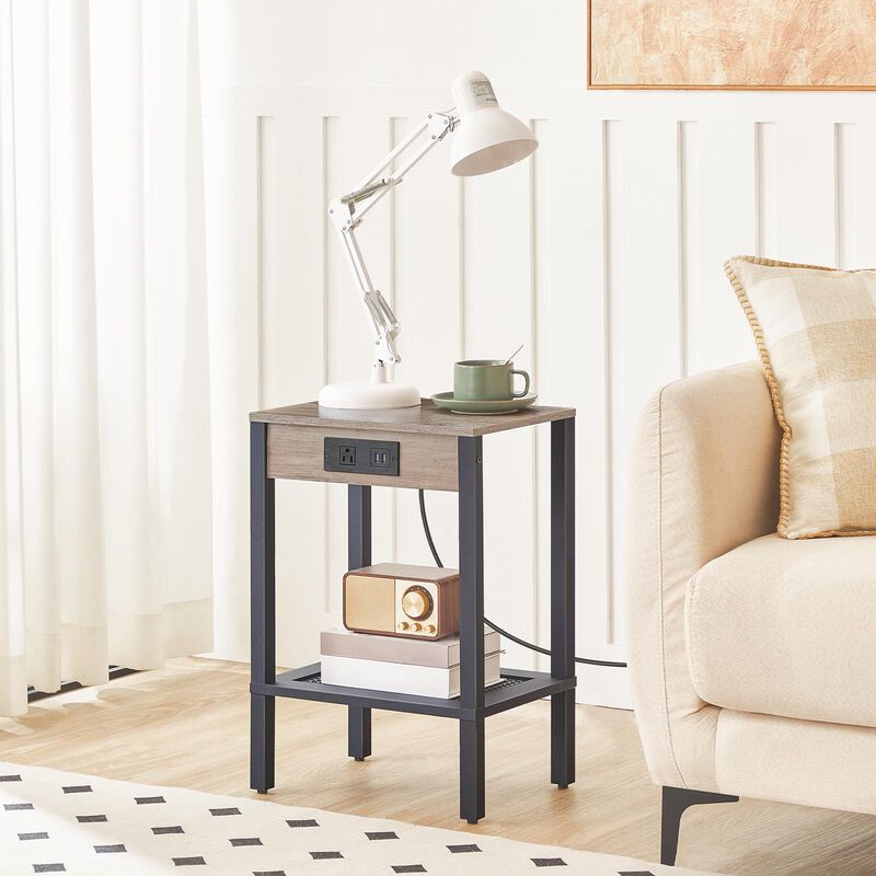 HOOBRO Side Table with Charging Station, End Table with USB Ports and Outlet, Nightstand with Storage Shelf, Faux Rattan Decorat