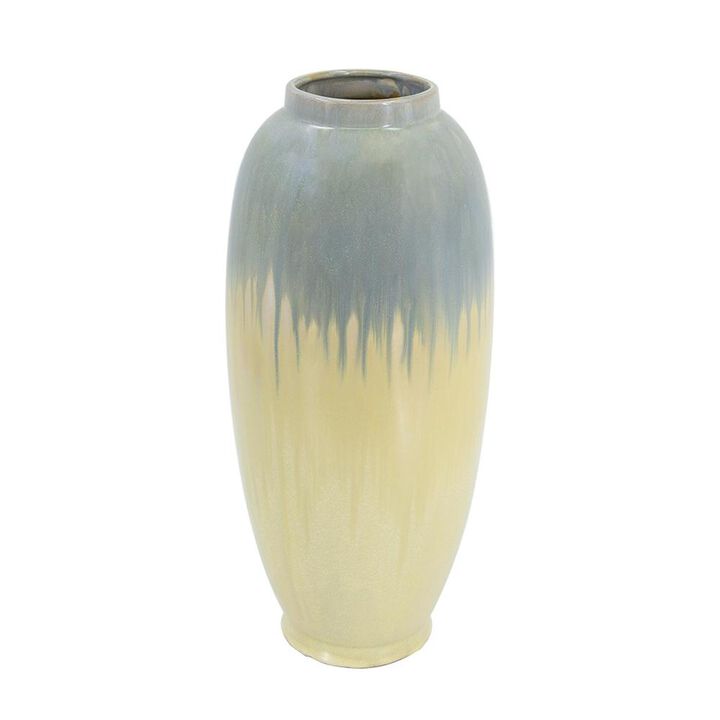 HomeRoots 16" Blue And Cream Reactive Glaze Ceramic Cylinder Table Vase