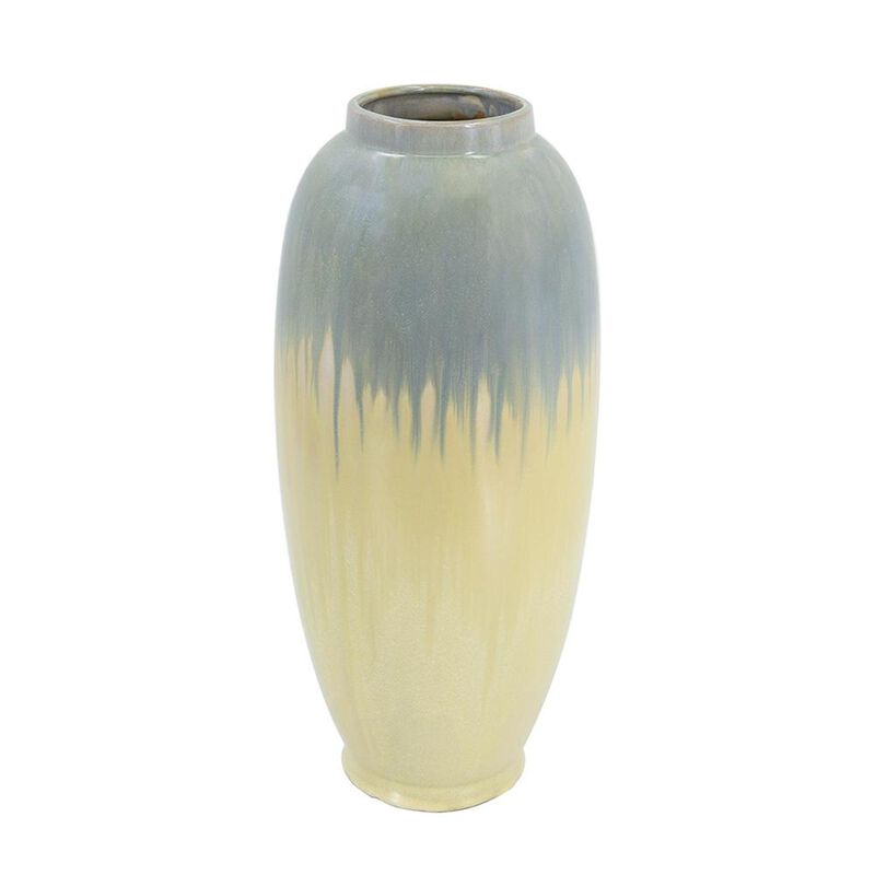 HomeRoots 16" Blue And Cream Reactive Glaze Ceramic Cylinder Table Vase image number 0