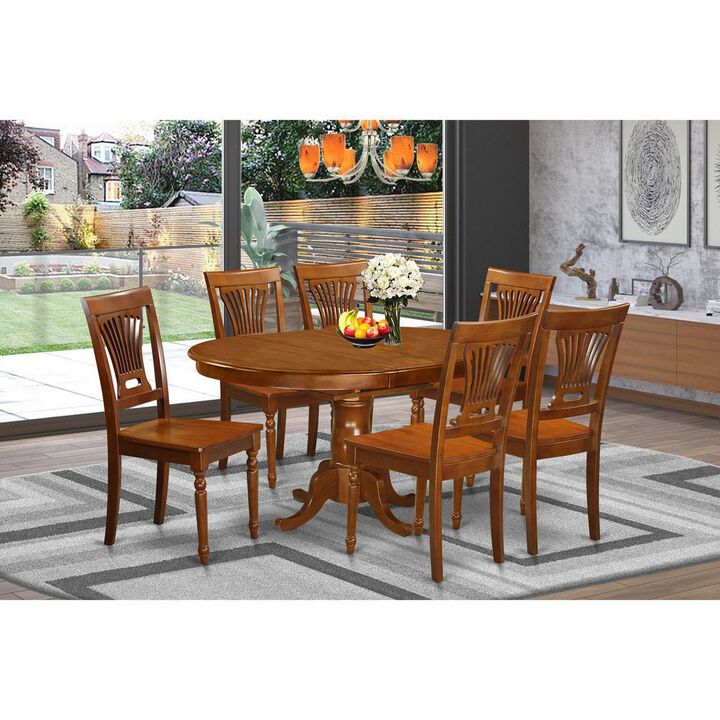 7 Pc Portland Table with 18" Leaf and 6 Wood Chairs in Saddle Brown