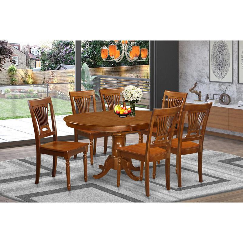7 Pc Portland Table with 18" Leaf and 6 Wood Chairs in Saddle Brown