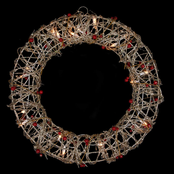 Pre-Lit Champagne Gold Glittered Rattan Berry Artificial Christmas Wreath - 18-Inch  Clear Lights