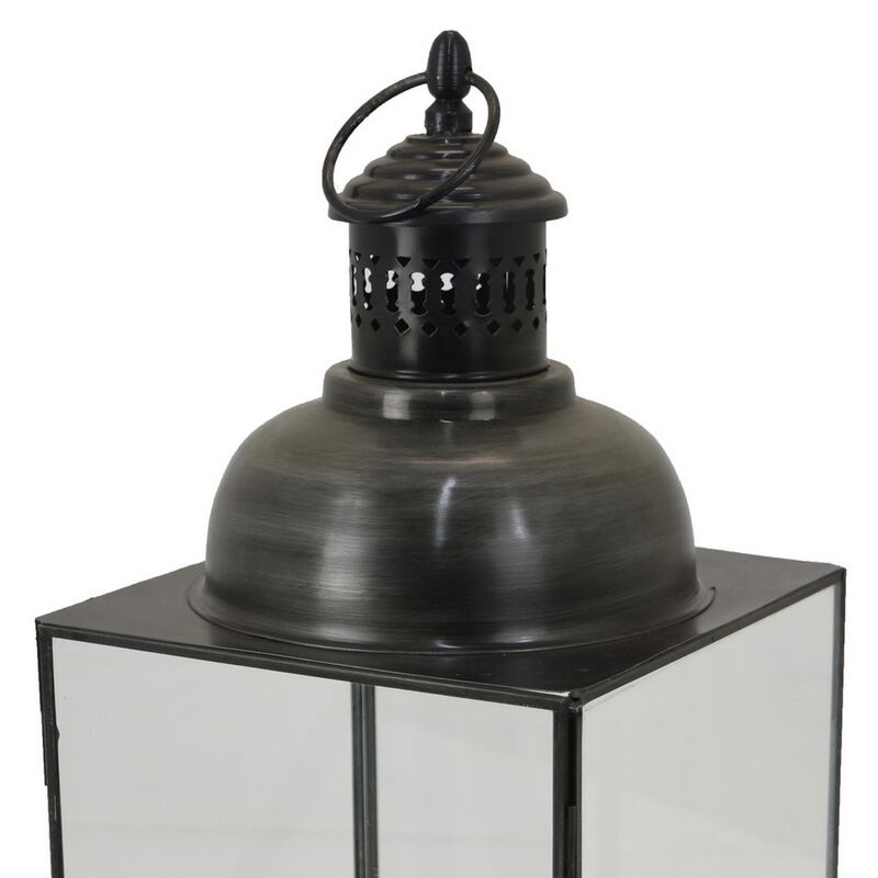 Laila Lantern, Black Metal, Glass Panels, Square Base, 20 Inch Tall - Benzara