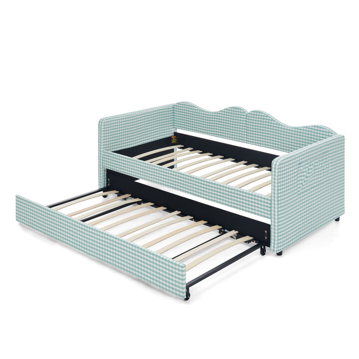 Merax Gingham Daybed with Trundle & Guardrails &ndash; Solid Wood Frame, Side Storage Pocket