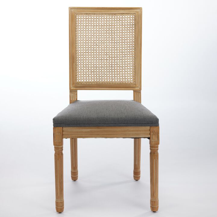 Whisen French Dining Chairs Set of 2, Solid Rubberwood Frame with Linen Upholstery and Rattan Back, for Living Room Kitchen Restaurant