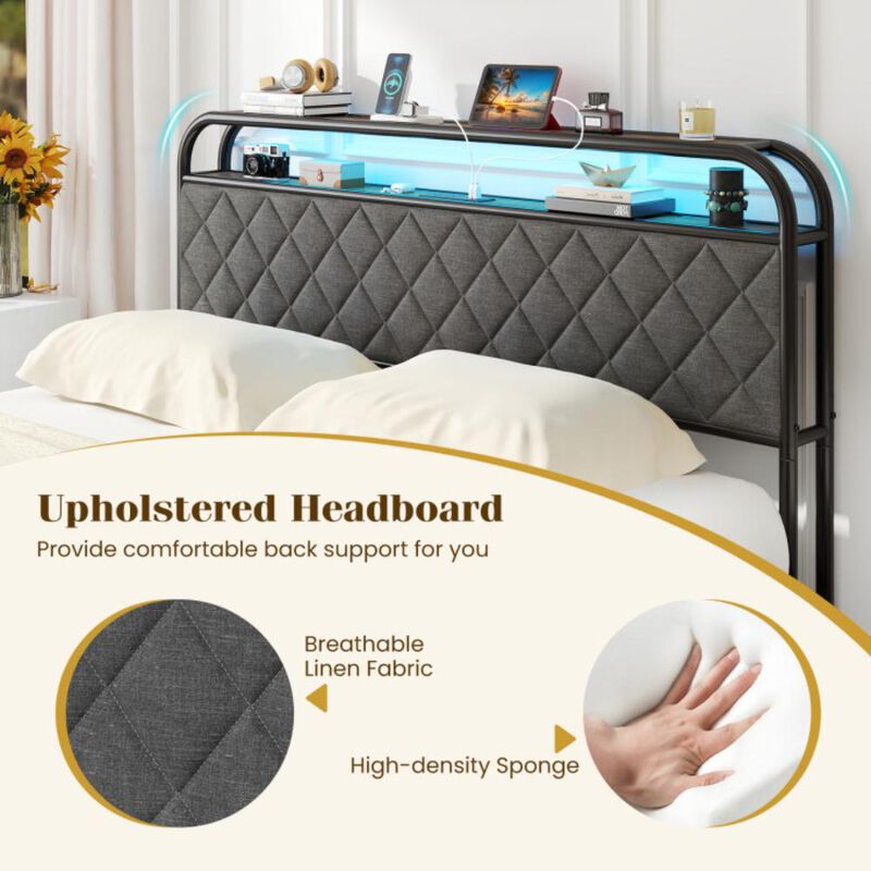 Hivvago Bed Frame with LED Lights and Charging Station-Queen Size