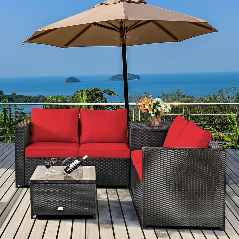 Mondawe 4 Pieces Outdoor Patio Rattan Furniture Set with Loveseat and Storage Box