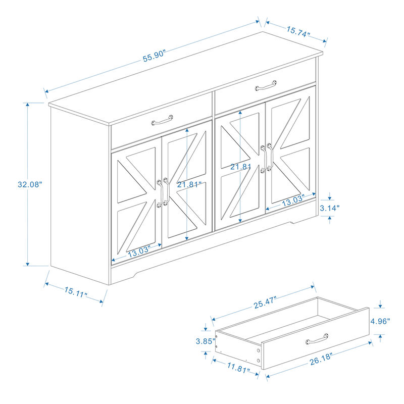 White MDF 55.91 in. Sideboard with X-panel Design Doors