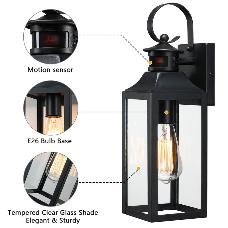 16 in. 2-Pack Modern Farmhouse Black Motion Sensor Outdoor Wall Lanterns image number 3