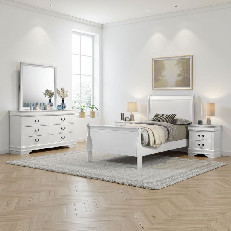 Nim 4pc Twin Size Bedroom Set, Dresser, Modern White Sleigh Headboard - Benzara