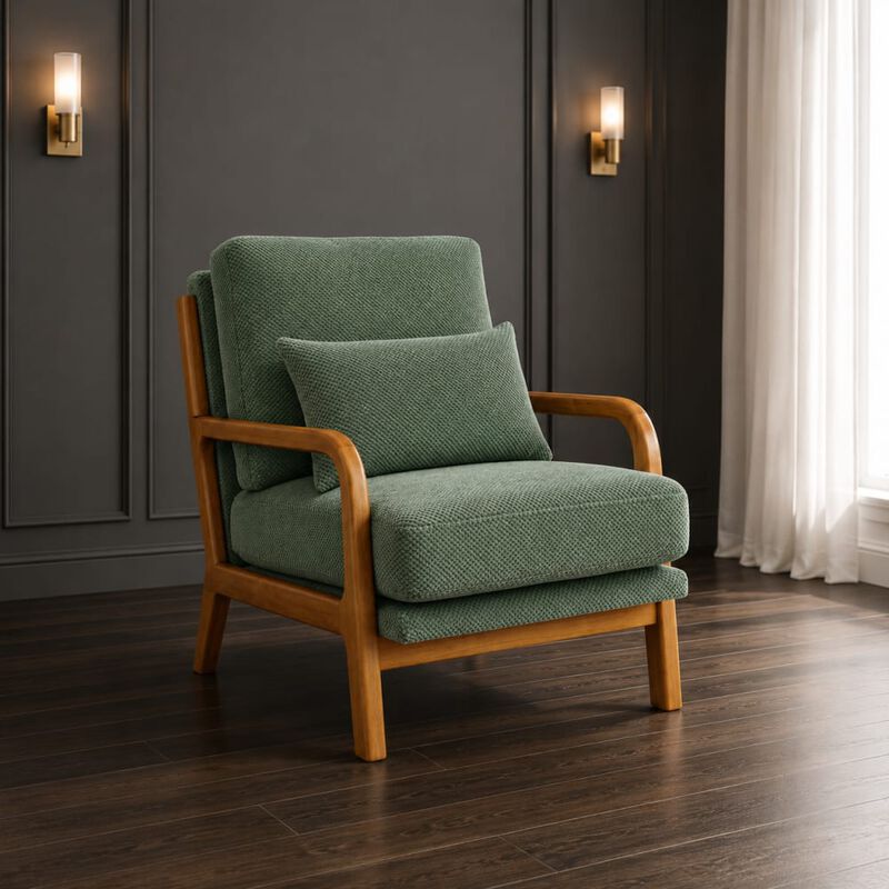 GOODSILO Mid-Century Modern Wooden Lounge Chair with Nubby Upholstery, High-Density Foam Cushion for Home and Office Use image number 2