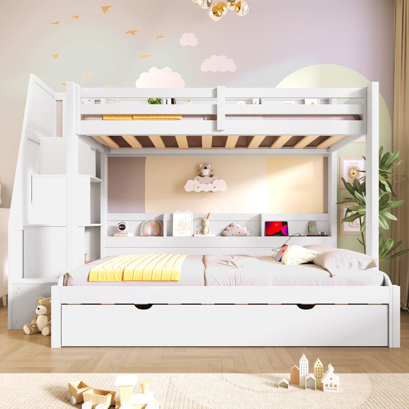 Merax Twin over Full Wooden Bunk Bed with Storage Stairs image number 3