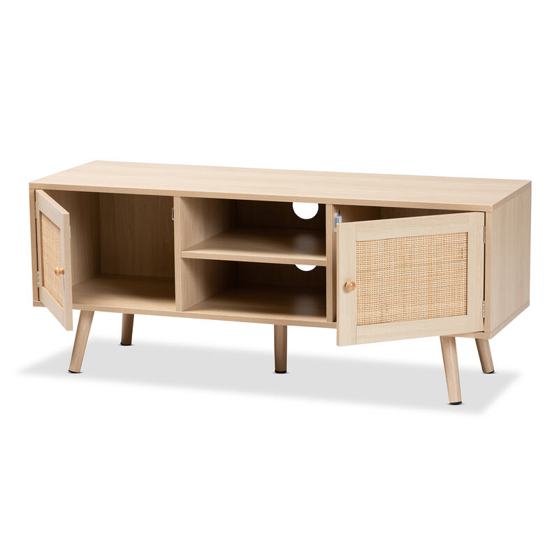 Baxton Studio Sebille  Light Brown Finished Wood 2 Door TV Stand with Natural Rattan image number 2