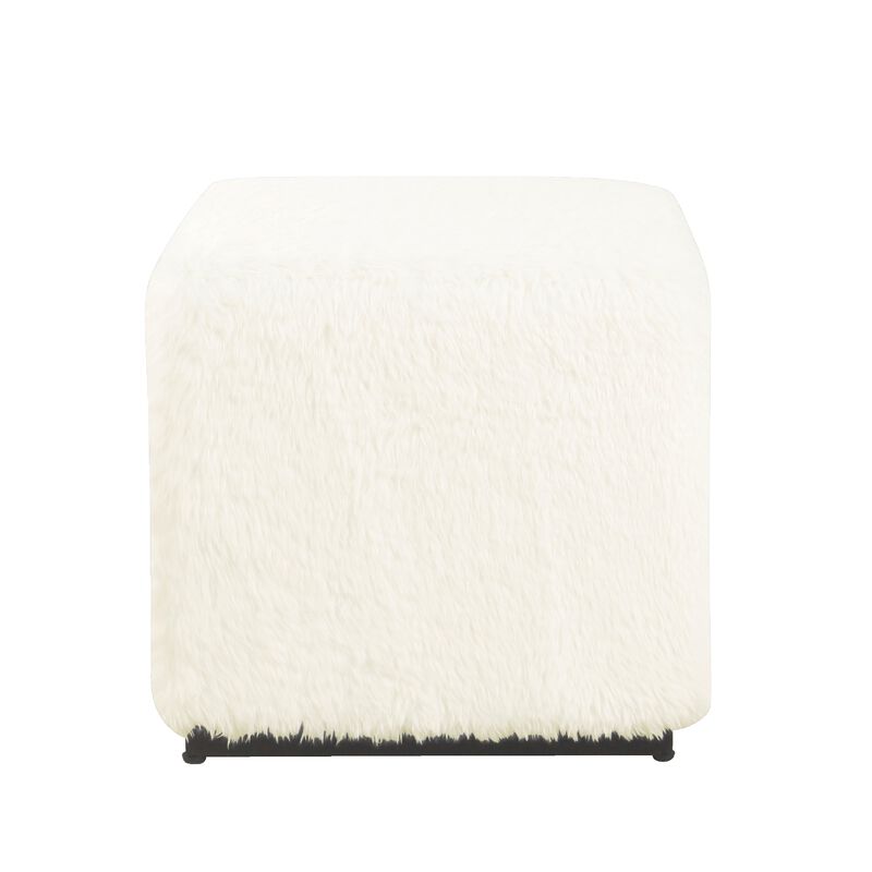 Lev Accent Ottoman, Square Cube SIlhouette with White Faux Fur 16 Inch - Benzara