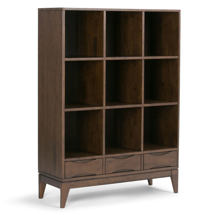 Harper SOLID HARDWOOD 58 inch x 42 inch Mid Century Modern Cube Storage Bookcase with Drawers in Walnut Brown