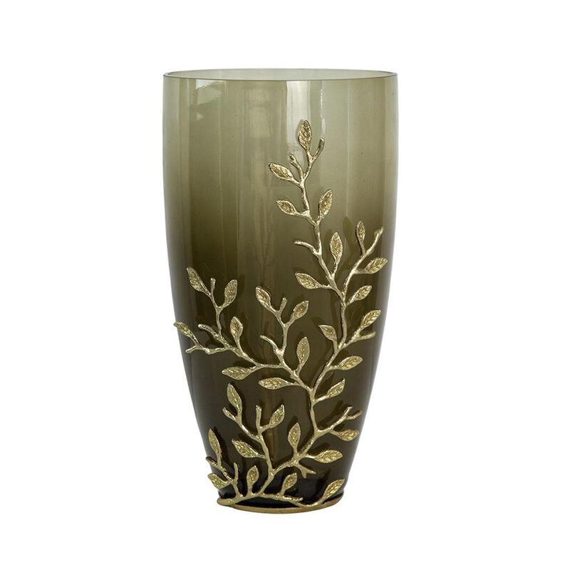 HomeRoots 15" Dark Olive Green And Gold Branch Patterned Glass And Aluminum Table Vase image number 0