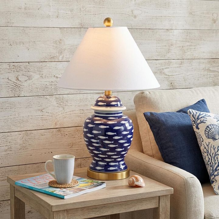 HomeRoots 22" Navy Blue White And Gold Urn Table Lamp With Empire Shade