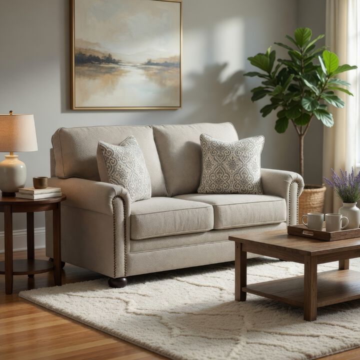Gael Loveseat, Gray Beige Polyester, Dark Brown Nailhead Trim 64 Inch