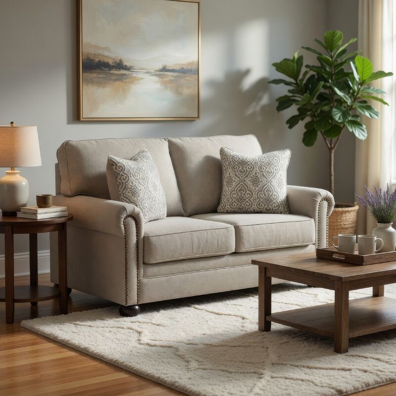 Gael Loveseat, Gray Beige Polyester, Dark Brown Nailhead Trim 64 Inch image number 1