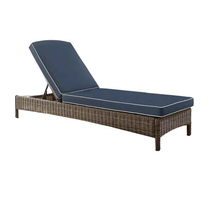 Nny 76 Inch Outdoor Wicker Chaise Lounger, Adjustable Back, Blue Cushions - Benzara
