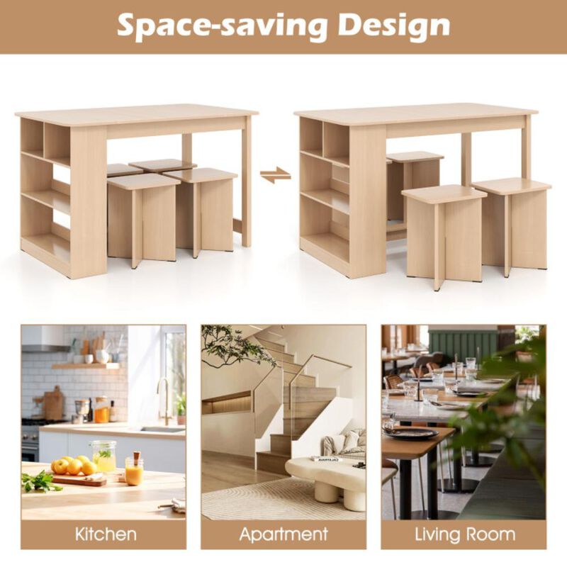 Hivvago 5 Pieces Dining Table Set with Storage Shelf and 4 Stools