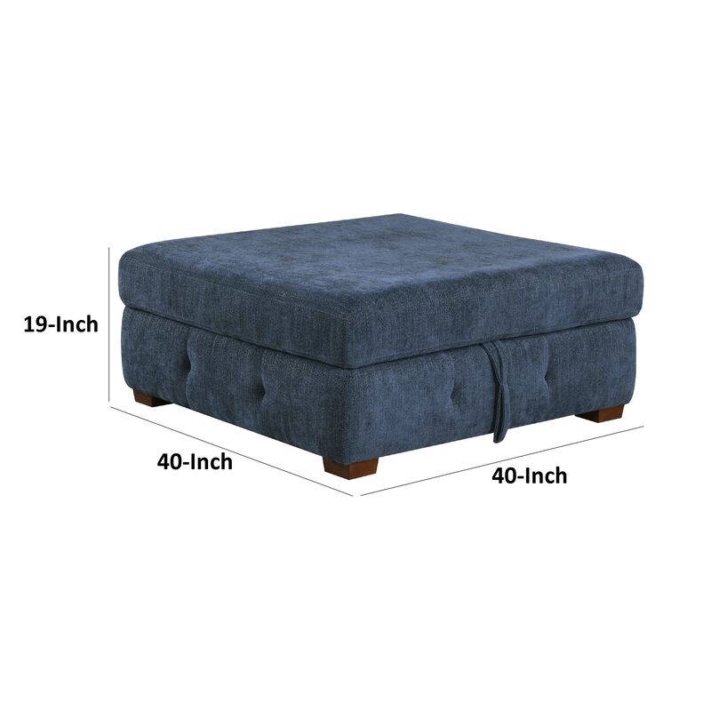 Rez Storage Ottoman, 40 Inch, Tufted Blue Chenille Cushion