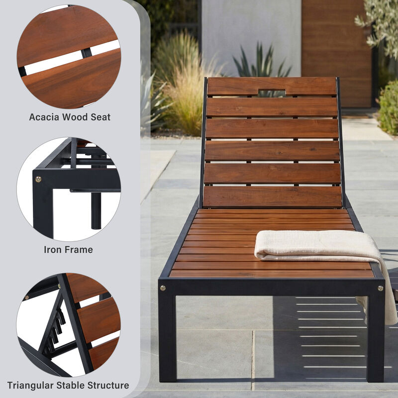 Merax Outdoor Chaise Lounge | 6-Position Adjustable Backrest, Steel Frame with Acacia Wood Slat Seat image number 5