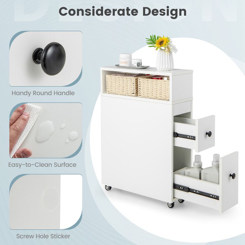 Costway Movable Bathroom Storage Cabinet Narrow Toilet Side Paper Holder w/ 2 Drawers