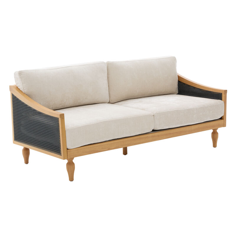 Merax Rubberwood Frame 2 Seater Chenille Loveseat Rattan Woven Side Panels with High-Density Foam Cushions image number 0