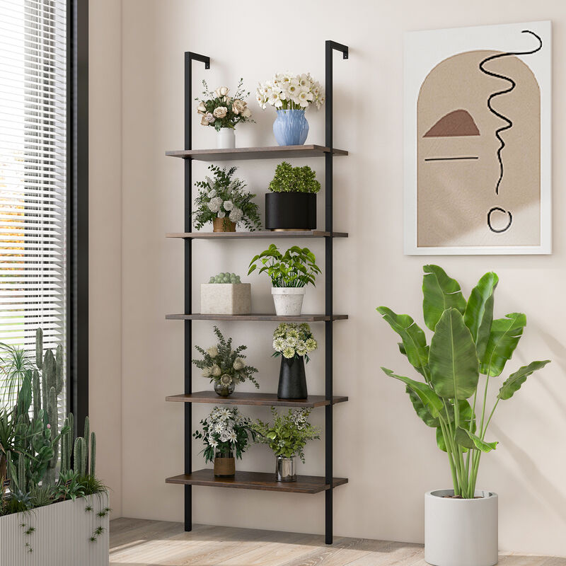 5 Tier Ladder Shelf Wall-Mounted Bookcase with Steel Frame
