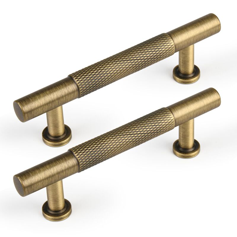 Urnew -3 Inch (76mm) Brass Knurled Kitchen Cabinet Handles, 5 Pack Antique Brass Vanity Dresser Drawer Puls, Modern Bathroom Cab
